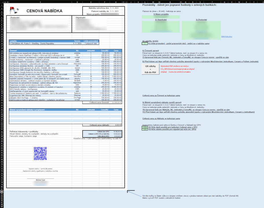 EXCEL: Cenová nabídka PDF s generátorem QR platby pro zálohu